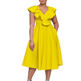 A bright yellow midi dress with ruffled sleeves, a V-neckline, and a floral accent at the waist.