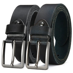 Two black leather men's casual belts with antique metal needle buckles.