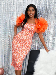 Tulle Flower Dresses Women Party Evening Ruffles Short Sleeve Retro Vintage Midi Event African Gowns Printed Outfits 2024