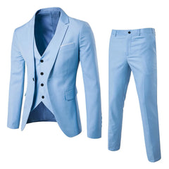 A light blue three-piece slim fit suit consisting of a blazer, vest, and matching trousers.