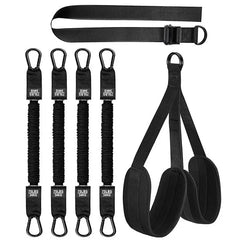 A pull-up assistance set featuring four resistance bands, a hanging strap, and a waist belt.
