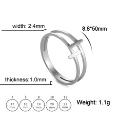 A silver stainless steel double band ring featuring a gothic cross design with sizing details.