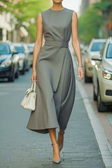 A sleeveless, ankle-length grey dress with an O-neck and a fitted waist-cinching design.