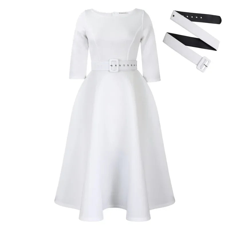 A white A-line midi dress with three-quarter sleeves and a matching waist belt.