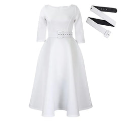 A white A-line midi dress with three-quarter sleeves and a matching waist belt.