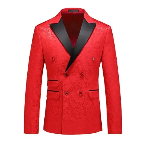A red double-breasted men's suit jacket with a black notched lapel and textured fabric.