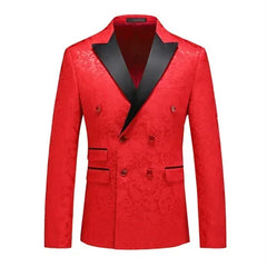 A red double-breasted men's suit jacket with a black notched lapel and textured fabric.