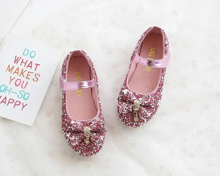 Fashion Girls Shoes Kids Flats Shoes Sequins Rhinestone Princess With Butterfly-Knot Flats Shoes For Students SHOWLU FASHION STORE