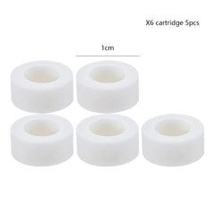 Five white cylindrical water filter cartridges are arranged in a group against a white background.