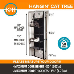 A K&H hanging cat tree with multiple levels mounted on a door with listed dimensions.