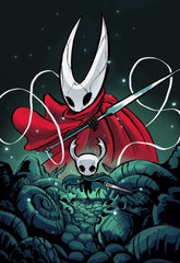 A canvas print featuring the characters Hornet and the Knight from the game Hollow Knight.