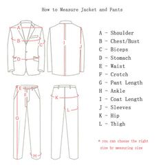 A diagram illustrating how to measure a jacket and pants for a suit.