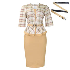 A beige pencil dress with a plaid peplum top, V-neck, half sleeves, and a matching belt.