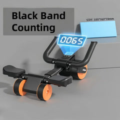 A black and orange four-wheeled abdominal training roller with an integrated digital counter.