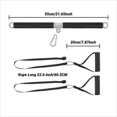 A gym workout attachment set featuring a 55cm straight bar and two 60.5cm nylon pull-down straps.