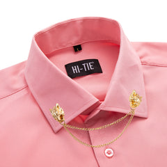 Hi-Tie Long Sleeve Mens Shirts Silk Brown Solid Lapel Green Black Red Beige Purple Pink Slim Fit Shirt Wedding Business Formal