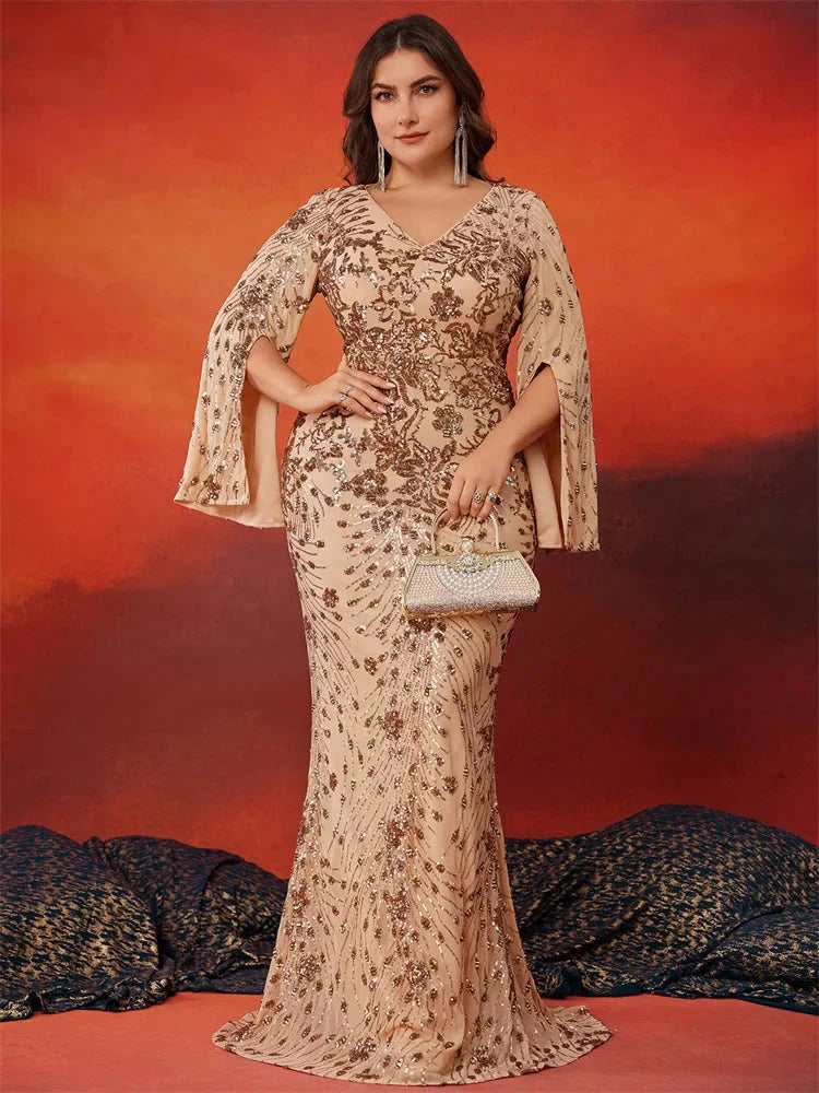 Lucyinlove Plus Size Luxury Gold Evening Dresses Women 2024 Long Sleeve Mermaid Formal Sequins Prom Wedding Party Cocktail Gowns SHOWLU FASHION STORE