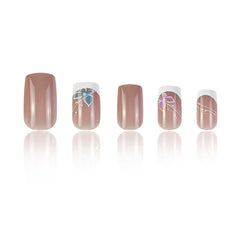 Full Cover Artificial Fake Nails French White Pink Fake Nail Short Square Butterfly False Nails Acrylic Reusable Nail 24Pcs/Set