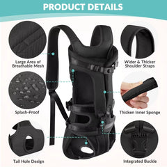 A black pet carrier backpack with breathable mesh, splash-proof material, and adjustable buckles.