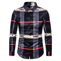 A men's long-sleeve button-down shirt featuring a black, red, and beige plaid digital print.