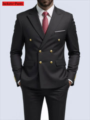 Men Double Breasted Suit Black Slim Fit High Quality Wedding Costume Party Prom Gold Button Male Suits