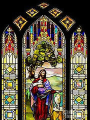 A diamond painting kit featuring a stained glass style image of Jesus holding a lamb.