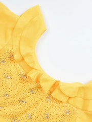 A bright yellow dress featuring a ruffled neckline and scattered crystal embellishments.