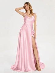 2024 New 3 Styles Simple Satin Bridesmaid Dress Cowl Neckline with Tieing Thin Straps Evening Dress Leg Slit A-line Prom Dress SHOWLU FASHION STORE