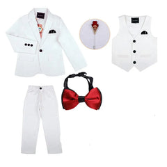 A white four-piece boys formal suit featuring a blazer, vest, trousers, and a red bow tie.