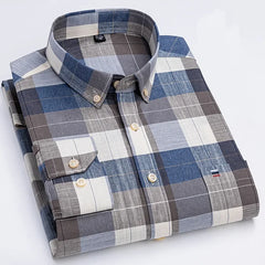 Men's 100% Cotton Smart Casual Shirt Long Sleeve Plaid Oxford Casual Solid Color Print Regular Fit Dress Shirt Oversized 6XL