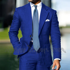 Blue Linen Single Breasted Men Suit Two Pieces(Jacket+Pants) Outfits Casual Party Prom Wedding Set