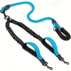 A blue and black reflective dual dog leash with two traffic handles and shock-absorbing sections.