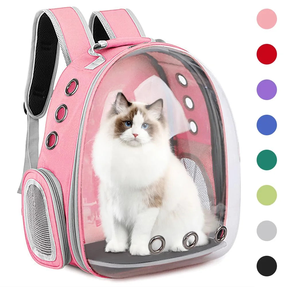 A pink transparent pet backpack carrier with a cat inside and color options on the side.