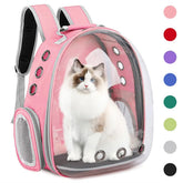 A pink transparent pet backpack carrier with a cat inside and color options on the side.