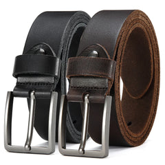 Two men's casual leather belts with metal needle buckles in black and brown.