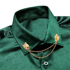 Hi-Tie Long Sleeve Mens Shirts Silk Brown Solid Lapel Green Black Red Beige Purple Pink Slim Fit Shirt Wedding Business Formal