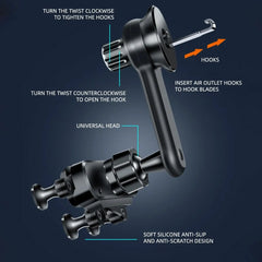 A black car air vent phone holder with a hook mechanism and a 360-degree rotating universal head.