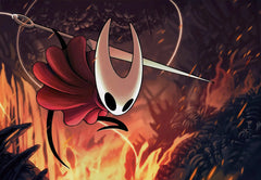 A canvas print of the character Hornet from the video game Hollow Knight in a fiery setting.