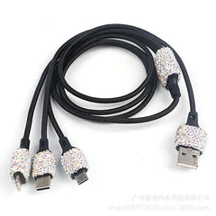USB Car Charger Pink Crystal Diamond 5V 2.1A Dual Port Fast Charging Adapter 3 in 1 Charging Cable for IPhone Samsung Huawei