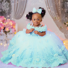 Pink Flower Girl Dresses Luxury Big Pearls Lace Ball Gown First Communion Dress Birthday Photos Shoot Gowns for Party