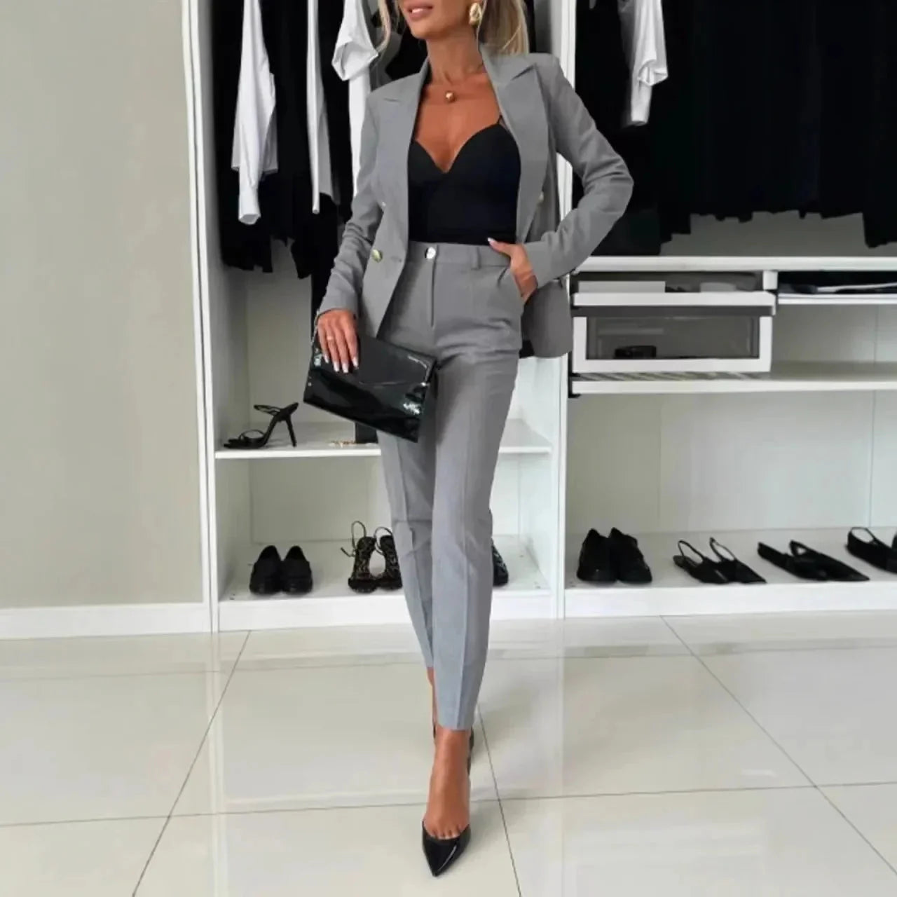 Women Office Smart Clothes Set 2pcs Blazer Double Breasted Button Solid Color Jacket & High Waist Slim Pencil Pants SHOWLU FASHION STORE