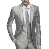 A slim-fit silver grey three-piece satin suit for men featuring a blazer, vest, and tie.