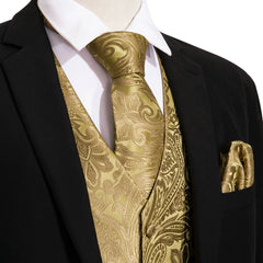 Men's Luxury Golden Floral Paisley V-Collar Vest Waistcoat With Hankerchief Cufflinks Fit Wedding Party Gift Daily