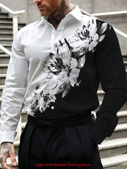 Men's fashionable business casual long sleeved lapel shirt with irregular lines and comfortable printed men's street shirt