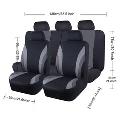 A full set of black and grey polyester car seat covers with dimensions labeled on the image.