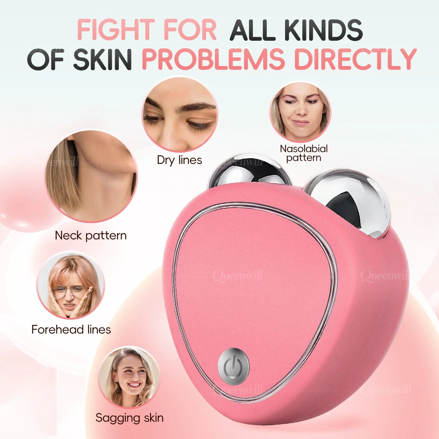 A pink, heart-shaped microcurrent facial massager with two silver rollers and a power button.