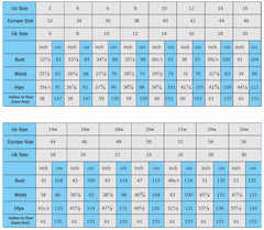 A size chart table for women's dresses showing bust, waist, and hip measurements in inches and cm.
