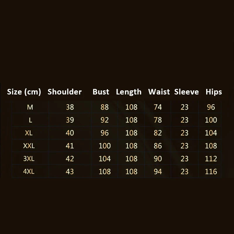 A size chart table for a purple cheongsam dress listing measurements from size M to 4XL.