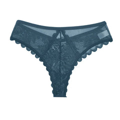 A lake blue low-rise thong made of floral lace with a scalloped edge.