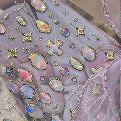 Elegant Gold Scepter 5D Nail Art Stickers Gorgeous Gemstone Luxury Courtly Pattern Necklace Frame Self Adhesive Manicure Decals